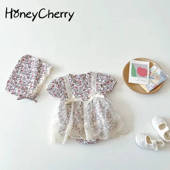 Летнее боди HoneyCherry для девочки с цветочным рисунком и короткими рукавами, одежда для новорожденных, одежда для маленьких девочек