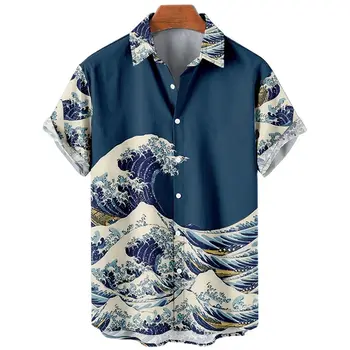 Летние мужские рубашки Ретро Океанская волна 3D печать Мужские гавайские рубашки Повседневная мода Плюс размер Короткие рукава Отвороты Свободные топы