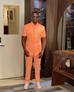 Летние Ярко-оранжевые мужские костюмы с короткими рукавами и брюками Классический повседневный мужской комплект Slim Wear Костюм новейшего дизайна на заказ