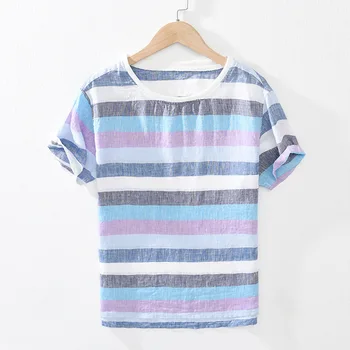 Летняя дышащая мужская футболка из чистого льна в полоску с коротким рукавом, топы в пляжном стиле, тонкая блузка в китайском стиле с круглым вырезом в стиле ретро