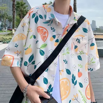 Летняя тонкая мужская рубашка с фруктовым принтом в гавайском стиле с короткими рукавами, Универсальные трендовые рубашки свободного кроя с отложным воротником, короткие