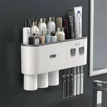 Магнитный адсорбционный держатель для зубной щетки, 4 чашки, водонепроницаемый ящик для хранения, Дозатор зубной пасты, настенные аксессуары для ванной комнаты