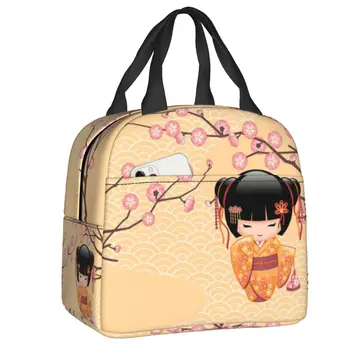 Милая кукла Кокеши, Изолированные сумки для ланча, Японская Сакура, Вишневый цвет, Портативный охладитель, Школьный ланч-бокс для термального питания