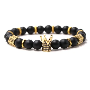 Модные браслеты из натурального матового черного камня 8 мм, бусины, браслет Pave CZ, 4-цветная корона, браслет для мужчин и женщин, классические украшения своими руками