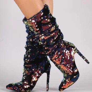 Модные Женские сапоги выше колена на высоком каблуке-шпильке, украшенные блестками, сапоги до середины икры с острым носком, обувь