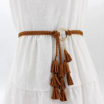 Модный женский однотонный плетеный пояс с кисточками, новинка 2023 года, для девочек в стиле бохо, Тонкие веревочные вязаные пояса для платьев, аксессуары для платьев