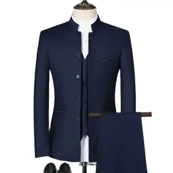 Модный мужской повседневный бутик с белым воротником-стойкой в китайском стиле, комплект из 3 предметов, приталенные блейзеры, куртка, пальто, Брюки, жилет
