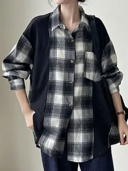 Модный осенний Корейский однобортный топ с длинными рукавами в стиле ретро, рубашка в лоскутную клетку, Новое женское пальто с длинными рукавами