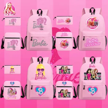 Модный школьный рюкзак Barbie, набор из трех предметов, милая студенческая холщовая повседневная мультяшная сумка-карандаш, сумки через плечо, подарок
