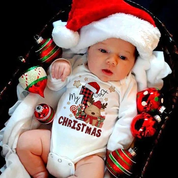 Мой Первый Рождественский комбинезон с длинными рукавами для новорожденного с мультяшным оленем, наряд с принтом Санта-Клауса, боди для крещения младенцев, Рождественский подарок