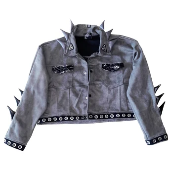 Мотоциклетная куртка 2023 года, короткая серая ретро-модная куртка с обсидиановыми заклепками, замшевая куртка в стиле рок-панк, молодежный тренд, японско-корейское пальто