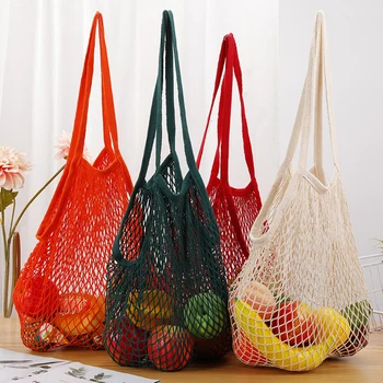 Моющаяся хлопчатобумажная сетчатая сумочка, сумка для фруктов и овощей, многоразовая сумка для покупок, экологичная складная портативная тканая хлопчатобумажная сетчатая сумка