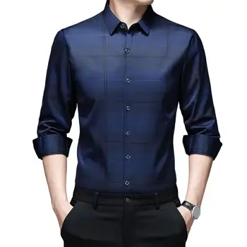 Мужская деловая рубашка с отложным воротником, однобортный принт в клетку, пуговицы, Приталенный крой, длинные рукава, мужская весенняя рубашка