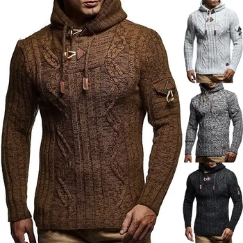 Мужская мода 2023 года, осенне-зимний новый вязаный пуловер с капюшоном, приталенный свитер на пуговицах