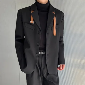 Мужская одежда SYUHGFA, Корейский повседневный костюм с воротником из искусственной кожи, пальто 2024, Осенние Свободные Простые однобортные блейзеры с длинными рукавами
