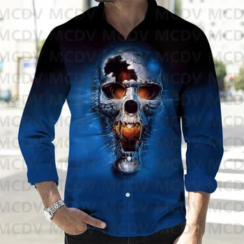 Мужская повседневная рубашка с 3D принтом черепа, рубашки на пуговицах, весенняя мужская повседневная рубашка с лацканами