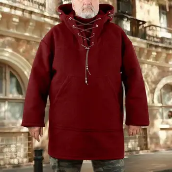 Мужская толстовка с капюшоном Стильная мужская толстовка с капюшоном средней длины, теплый пуловер на шнуровке с передним карманом, однотонный зимний топ.