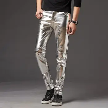 Мужские брюки-карандаш Яркая поверхность, однотонные брюки на молнии со средней талией, облегающие мотоциклетные брюки из искусственной кожи, уличная одежда