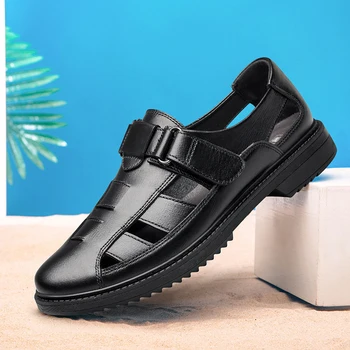 мужские роскошные модные сандалии из коровьей кожи, закрывающие носок, летняя обувь, дышащие походные сандалии с вырезами, черные стильные сандалии для мужчин