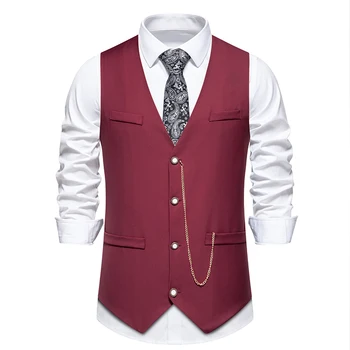 Мужской деловой деловой костюм, жилет, жилетка большого размера, цепочка для джентльменских карманных часов, модный однотонный костюм