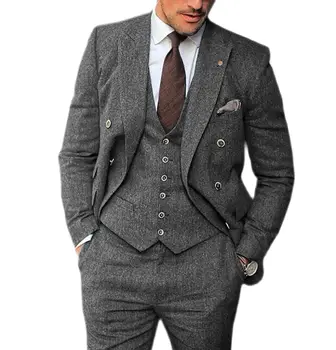 Мужской костюм с формальным рисунком в елочку, смокинг с лацканами, текстура джентльмена, Однотонный Классический дизайн/Смокинг для деловой встречи 3шт.