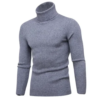 Мужской однотонный повседневный свитер с высоким воротом и длинными рукавами, вязаный облегающий пуловер в рубчик, термальный свитер
