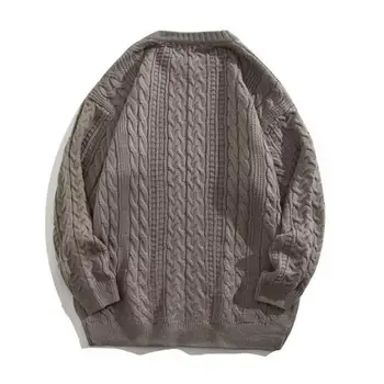 Мужской однотонный свитер, уютный мужской осенне-зимний свитер, Свободная крученая вязка, Эластичный круглый вырез, Мягкий теплый пуловер с защитой от усадки