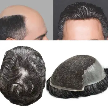 Мужской протез для волос с мягким швейцарским кружевом спереди, мужской парик-шиньон, система замены человеческих волос, парик с естественной линией роста волос для мужчины