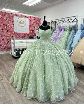 Мятно-зеленые пышные платья принцессы в стиле спагетти, роскошный корсет с бабочкой, расшитый бисером, для выпускного вечера Sweet 16 vestidos 15 anos verde