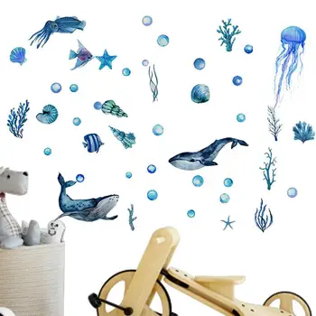 Наклейки на стены с морскими рыбками, светящиеся наклейки на стены с океанской тематикой, флуоресцентная наклейка, водонепроницаемые многоразовые наклейки на стену с морскими обитателями и животными