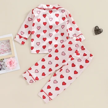 Наряд На День Святого Валентина для маленькой девочки с длинным рукавом, рубашка на пуговицах в виде сердца, топ, брюки на завязках, комплект из 2 предметов