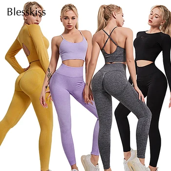 Неоновый бесшовный женский комплект для йоги, сексуальные леггинсы с эффектом пуш-ап, укороченный топ с длинным рукавом и спортивный бюстгальтер, комплект из 2 предметов для фитнеса, спортивная одежда