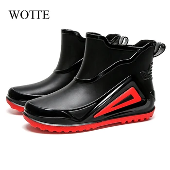 Непромокаемая обувь, мужская нескользящая водонепроницаемая обувь, уличная модная износостойкая пластиковая обувь, зимние хлопковые теплые короткие непромокаемые ботинки для мужчин