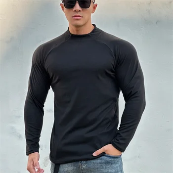 Новая весенне-осенняя мужская футболка с круглым вырезом, спортивная рубашка с длинным рукавом, свободный пуловер, толстовка для фитнеса, тренировочная футболка, топы