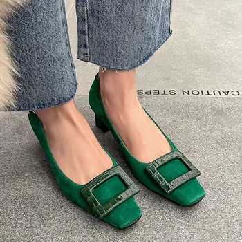Новейшие весенне-осенние замшевые туфли-лодочки на высоком каблуке, вечерние туфли, женская мода, натуральная Зеленая женская обувь из овечьей замши.