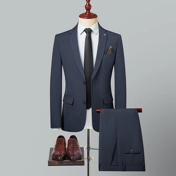 Новинка 2023 года (блейзер + брюки), мужская мода, деловой тонкий джентльмен, повседневная профессиональная одежда в простую полоску, микроэластичный комплект, 2 комплекта