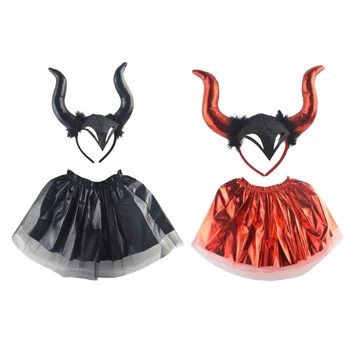 Новинка L93F-повязка на голову из бычьего рога и сетчатая юбка-лента для волос на Хэллоуин, косплей-костюм для вечеринки
