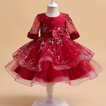 Новое детское платье для фестиваля и вечеринки с сетчатым принтом и бантом для девочек, свадебное платье с цветочным рисунком для детей, рождественское модное платье со средним рукавом