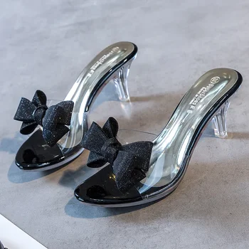 Новые женские тапочки на высоком каблуке 6,5 см с узлом-бабочкой, женская повседневная обувь, мюли, Прозрачная обувь из ПВХ, женские тапочки с открытым носком