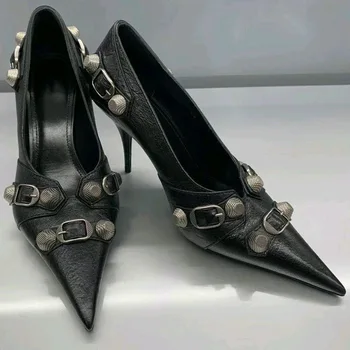 Новые женские туфли-лодочки с металлическими заклепками и острым носком в стиле ретро на высоком каблуке, женские кожаные вечерние модельные туфли, женские Zapatos De Mujer без застежки