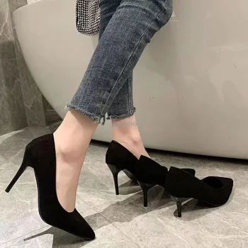Новые замшевые женские туфли-лодочки на высоком каблуке, профессиональная рабочая обувь, Черные пикантные вечерние черные свадебные туфли с острым носком