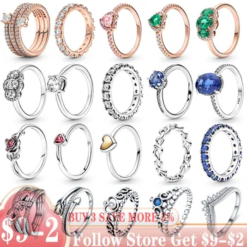 новые кольца из 100% настоящего серебра 925 пробы для женщин, оригинальные кольца с кристаллами в виде сердца и короны из розового золота, украшения для помолвки, годовщины свадьбы