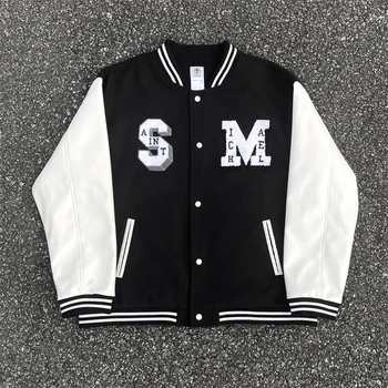 Новый стиль для спортзала 
 Куртка Saint Michael Мужская Женская Шерстяная бейсбольная форма с кожаными рукавами в стиле пэчворк, пальто в стиле хип-хоп