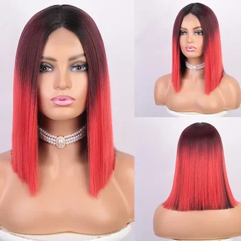 Омбре Красный парик Боб Короткие прямые парики Боб для женщин Повседневного использования Синтетический Термостойкий Парик для волос средней части Косплей Лолиты