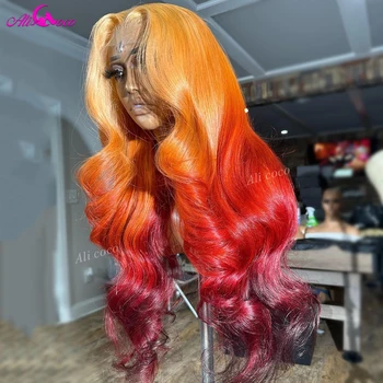 Омбре Оранжево-Красный 13x6 Синтетические Волосы На Кружеве Человеческих Волос Парики Для Женщин 613 Цветных Предварительно Выщипанных Прозрачных Кружевных Объемных Волнистых Кружевных Фронтальных Париков
