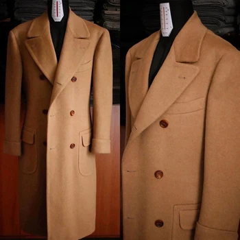 Осенне-зимнее Длинное пальто для мужчин с отворотом козырька, Одежда для жениха, Приталенное Шерстяное Ветрозащитное Двубортное пальто, куртка только для бизнеса