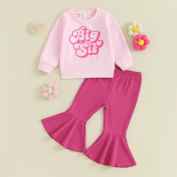 Осенне-зимняя одежда Kupretty для маленьких девочек, свитшоты с круглым вырезом для малышей, штаны-клеш в рубчик, комплект рождественских нарядов для малышей