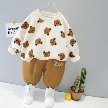 Осенний комплект одежды для девочек и мальчиков 2021 года, хлопковый пуловер с мультяшным медведем для малышей, блузка + брюки, Костюм из 2 предметов для детей 1, 2, 3, 4 лет