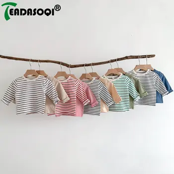 Осенняя блузка с рукавом 2023 года для маленьких мальчиков, простая футболка в полоску с длинным рукавом, пуловер, нижняя рубашка, хлопковая майка для девочек