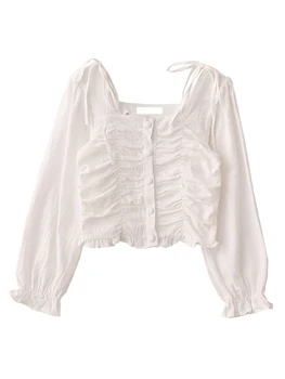Осенняя женская французская мода, винтажная драпированная белая рубашка, блузки Mori Girl с длинным рукавом, романтический эстетичный укороченный топ Rom-com Core